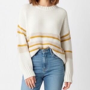 Leche‎ Cream Gold Striped Loose Knit Long Sleeve Sweater L Large Soft Preppy